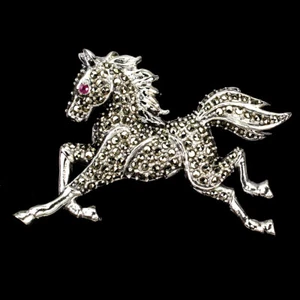 925 Sterling Silver Brooch Round Ruby 2mm Marcasite Horse Gemstone Jewelry - Picture 1 of 10