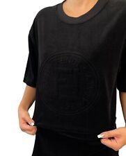 FENDI Vintage FF Logo Short Sleeve Top #46 T-shirt Black Velour Cotton RankAB