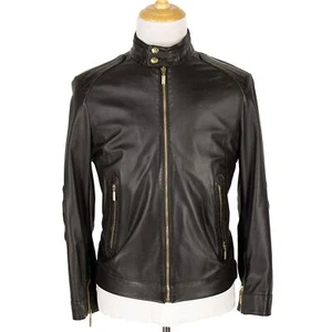 Brioni Brown Leather Alligator Details Gold Tone Elbow Patch Racer Jacket 42US - Picture 1 of 16