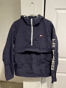 Vtg Men’s Tommy Hilfiger Pullover Jacket L Large Navy Hood Pouch Pocket EUC - Picture 1 of 14