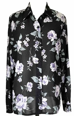 Alfred Dunner Women’s 12 Petite Blouse Button Down Long Sleeves Black Floral - Image 1 of 4