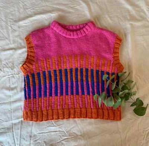 handmade colourful pink orange & blue ribbed sleeveless jumper sweater vest | m - Picture 1 of 2