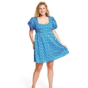 RHODE x Target Blue Puff Sleeve Babydoll Dress XXL Cotton Geometric EUC - Picture 1 of 10
