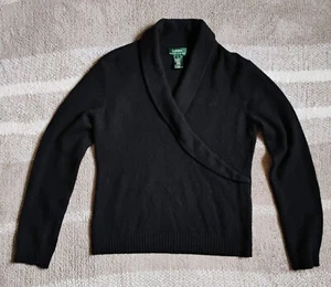 Lauren Ralph Lauren Sweater Women's Large Black Lambs Wool Angora Shawl Collar - Picture 1 of 7
