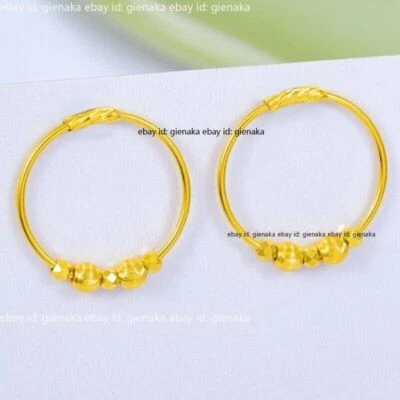 Pure 999 24K Yellow Gold Lucky Shiny Beads Circle Hoop Earrings 1.8g - Image 1 of 3
