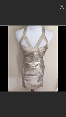HERVE LEGER Bandage Mini Dress Size Small S Gold Metallic Foil Print - Image 1 of 4
