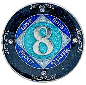 NA 8 Year Glitter & Crystals Medallion, Narcotics Anonymous Blue Glitter Coin - Picture 1 of 2