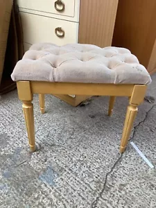 Vintage Pine Vanity Bedroom Stool with Beige Velvet Button Seat - Picture 1 of 7