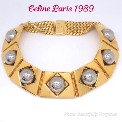 Collana girocollo firmata Céline Paris 1989 tono oro e argento (Celine)
