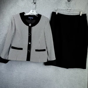 Evan-Picone Skirt Suit Womens 12 Black White Houndstooth Career Blazer Lined Set - Picture 1 of 24
