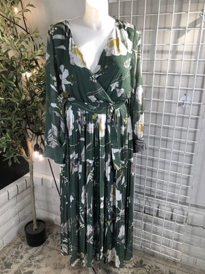 Ricarica Green Floral Chiffon Fairy  Long Maxi Dress Tie Waist Flowy Size 3XL - Image 1 of 4