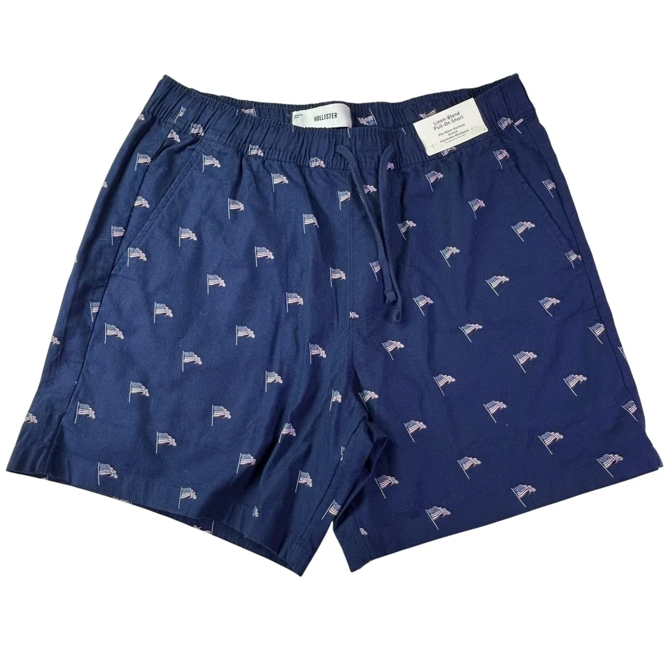 Hollister Shorts Mens Large Navy Linen-Blend Pull-On Stretch American Flag Print - Image 1 of 4
