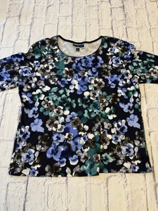 Karen Scott Top 1X Blue Floral Cotton Blend Scoop Neck 3/4 Sleeve, 1X Blouse - Picture 1 of 7