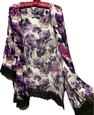 Top Oso Informals Talla XL Púrpura Negro Floral Rayón Encaje Ribete Kimono Conjunto Topper Foto 1 de 4