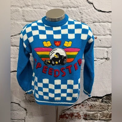 Vintage 1980s Gitano Knit Checkered Speed Racer Wings Flags Speedster Sweater - Image 1 of 4