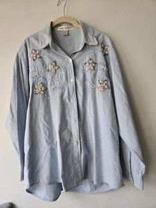 Vintage Jane Ashley Button Down Top Floral Embroidered With Faux Pearl Accents L - Picture 1 of 8