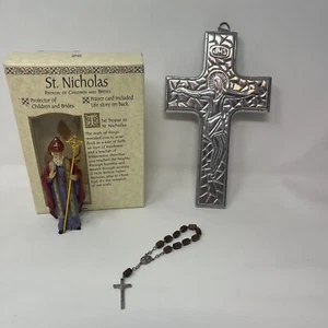 Rosario de Bolsillo de Madera Peltre Pared Cruz San Nicolás Resina Estatua Cristiana Lote - Imagen 1 de 13
