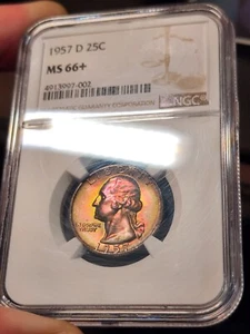 1957 D 25C Washington Quarter NGC MS66+ Plus Grade Rainbow Toned Amazing Toning - Picture 1 of 5