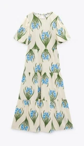 ZARA LONG LINEN BLEND PRINTED DRESS LARGE 3198/244 ECRU BNWT - Picture 1 of 8