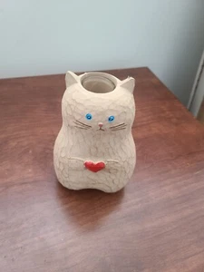 Hand Carved Wood Kitty Cat Candle Holder W/ Blue eyes and Red Heart 6" - Picture 1 of 4