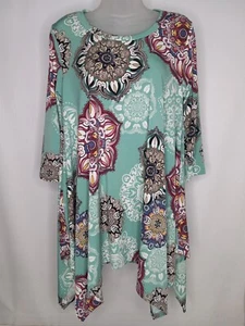 Sophie Rae Women's Sz Med Tunic Top 3/4 Sleeve Green Multicolor Geometric Hippy - Picture 1 of 11