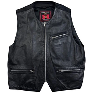 Leather Waistcoat Vintage 1990s Crown Gate Medium Men's Black Leather Zip Up - Picture 1 of 10