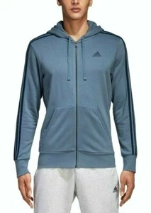 Adidas Zip Up Hoodie Mens Size XS S Blue French Terry Jacket Essentials 3-Stripe - Picture 1 of 6