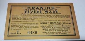John F. Jelke and Co Raffle Drawing Ticket Cleveland Food Show- Likely 1939-1949 - Picture 1 of 1