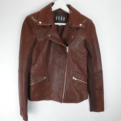 VEDA Lamb Leather Biker Jacket Womens Size Small Brown Burgundy Long Sleeve Zip - Image 1 of 4