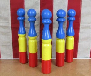 Vintage 1940s Skittles Bowling Game Wood Pins 9" Tall Blue/Red/&Yellow Antique - Picture 1 of 7