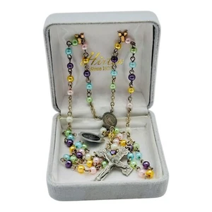 Vintage Hirten Silver Rosary Multi Color Imitation Pearls 4mm Handmade RARE 16” - Picture 1 of 8