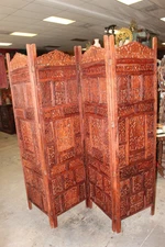 Vintage Room Divider 4 Panels Hand Carved Screen Headboard Floral Carving Brown 