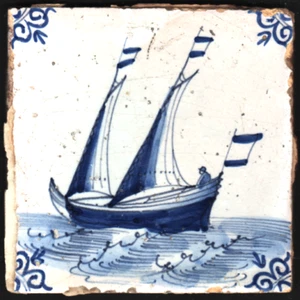 GREAT EARLY 18th. CENTURY DELFT TILE DEPICTING A TWO MASTED BOAT at SEA - Picture 1 of 2