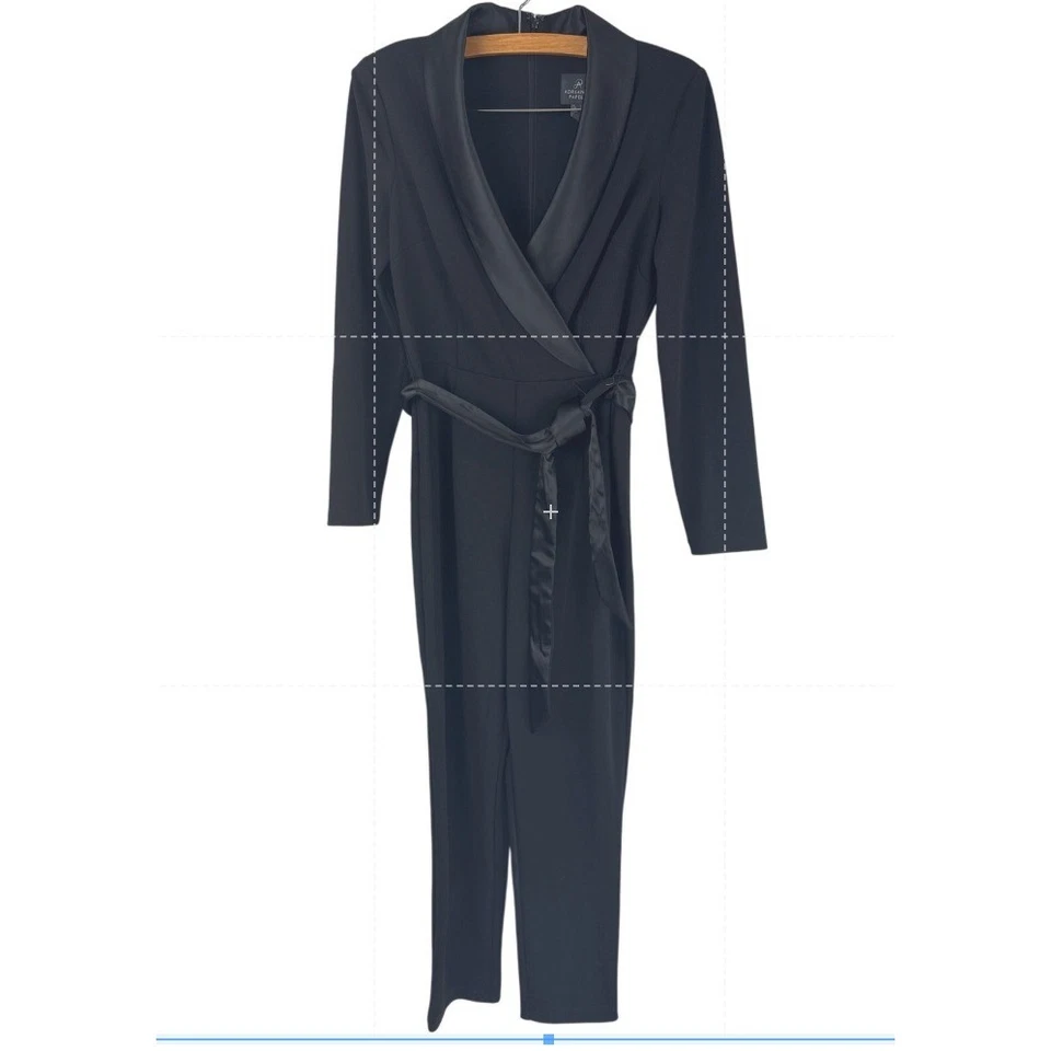 Mono Adrianne Papell Negro Cuello Chal Manga Larga Cinturón Foto 1 de 4