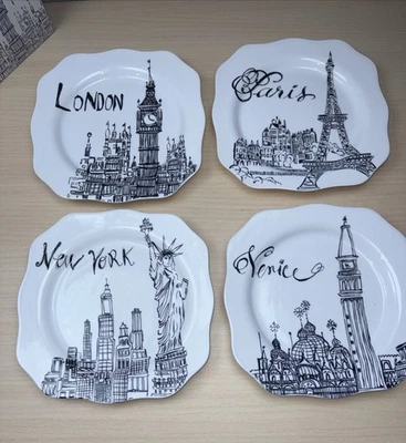 Juego de caja de platos de ensalada de postre Rosanna 4 ciudades Bon Voyage Londres París NY Venecia Foto 1 de 4