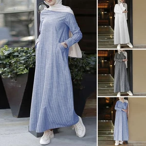 Women Muslim Long Sleeve Full Length Striped Side Pocket Maxi Shirt Dress - Picture 1 of 14