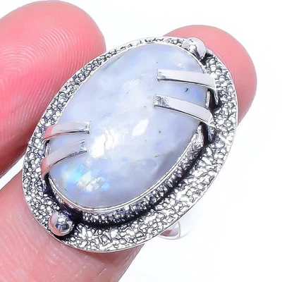 Gemas de piedra lunar arco iris. Anillo de joyería de plata de ley 925 hecho a mano talla 7,5 Foto 1 de 4