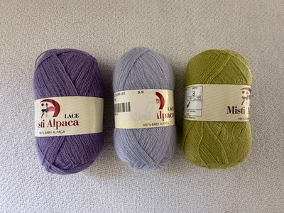 Misti Alpaca Lace Yarn Lot of 3 Maize 7300 Lavendar 8105 Purple 4050 437 Yd Each - Image 1 of 4