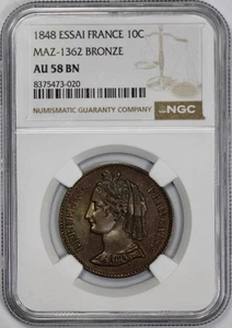 1848 Essai France 10 Centimes Bronze NGC AU 58 MAZ-1362 - Picture 1 of 4