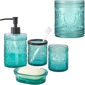 5PCs Teal Blue Glass Bathroom Accessories Set and Wastbasket with - Picture 1 of 8