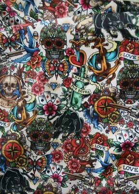 Samt Velvet Totenkopf, Panther& Schwalben Creme  Stoff 100cm x 135cm  Neu - Bild 1 von 4