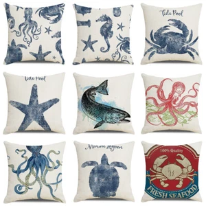 Crab Starfish Throw Pillow Covers Coastal Beach Octopus Turtle Fish Cushion Case - Picture 1 of 49