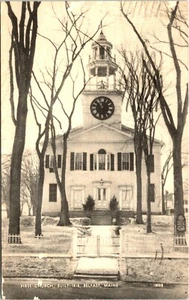 Primera iglesia construida 1818 Belfast Maine reloj postal campanario 1956 DB - Imagen 1 de 2