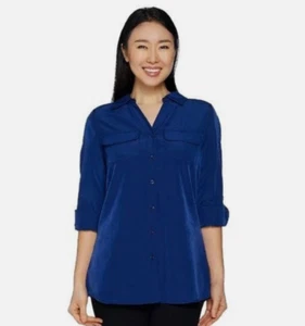 Camicia tunica utility Denim & Co Roll Tab manica bottoni davanti nuova taglia media navy - Foto 1 di 1