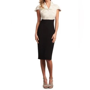 Tadashi Shoji Black Ivory Two-Tone Lace Crepe Sheath Midi Dress Size 12 NWT $468 - Picture 1 of 14