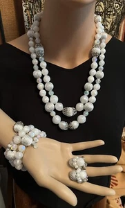 Alice Caviness Vintage PARURE White & Silver Diva Necklace, Earrings & Bracelet - Picture 1 of 13
