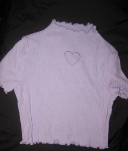 Shein girls 11-12yrs heart cutout lettuce edge rib knit crop tee purple nip 80s - Picture 1 of 2