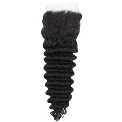 Brazilian Virgin Human Hair Natural Color 4x4 Deep Wave Lace Closure 18in - Image 1 of 2