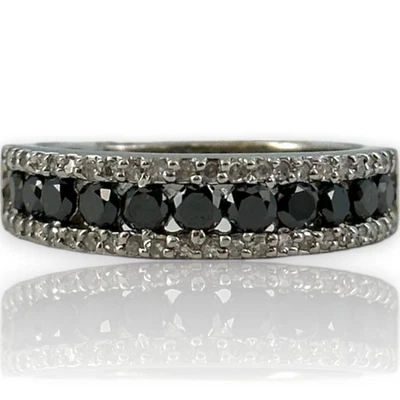EFFY 14kt White Gold and Black and White Diamond Half-Eternity Ring Band - Image 1 of 4