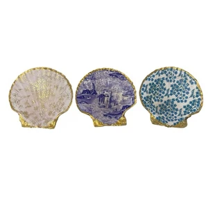 Handmade Scallop Shell Trinket Dishes Gold Edge Lot of 3 Blue Purple Floral 4”  - Picture 1 of 10